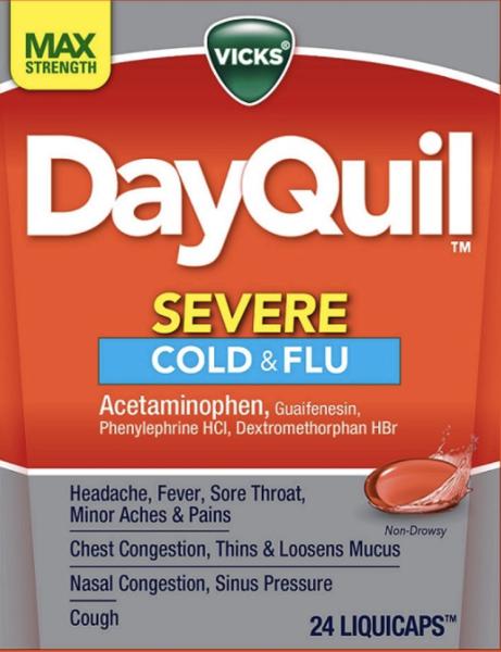Vicks DayQuil Severe Cold & Flu acetaminophen 325 mg / dextromethorphan hydrobromide 10 mg / guaifenesin 200 mg / phenylephrine hydrochloride 5 mg (DS)