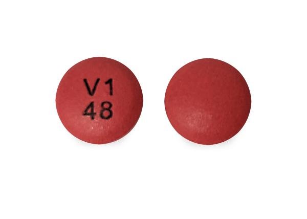 Pill V1 48 Red Round is Bupropion Hydrochloride Extended-Release (SR)