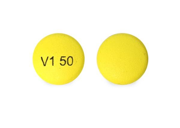 Pill V1 50 Yellow Round is Bupropion Hydrochloride Extended-Release (SR)