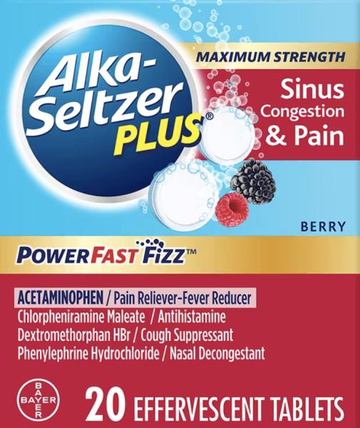 Pill SINUS is Alka-Seltzer Plus Maximum Strength Sinus Congestion & Pain PowerFast Fizz acetaminophen 325 mg / chlorpheniramine maleate 2 mg / dextromethorphan hydrobromide 10 mg / phenylephrine hydrochloride 5 mg