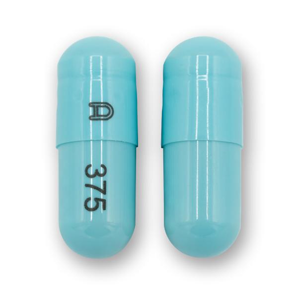 Pill Logo 375 Blue Capsule/Oblong is Mesalamine Extended-Release