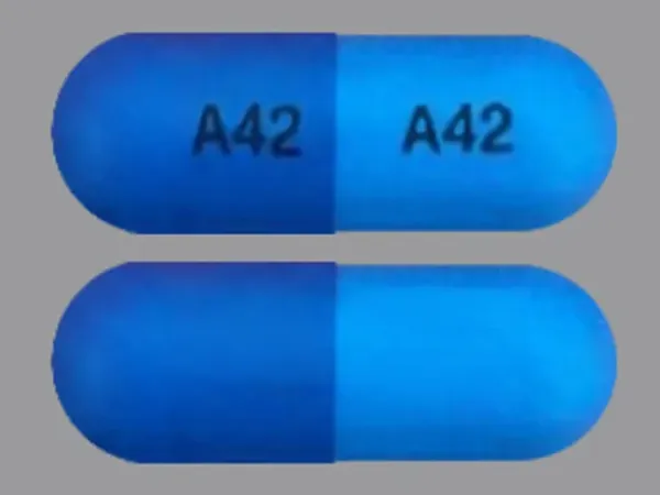 Pill A42 A42 Blue Capsule/Oblong is Nicardipine Hydrochloride