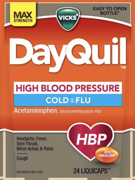 Vicks DayQuil High Blood Pressure Cold & Flu (acetaminophen / dextromethorphan) acetaminophen 325 mg / dextromethorphan hydrobromide 10 mg (HBP)