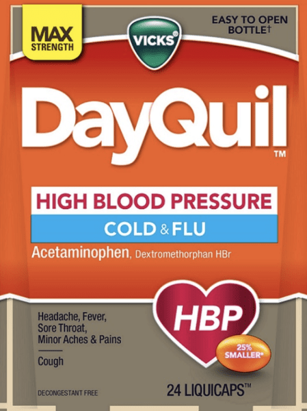 Vicks dayquil high blood pressure cold flu acetaminophen 325 mg / dextromethorphan hydrobromide 10 mg HBP