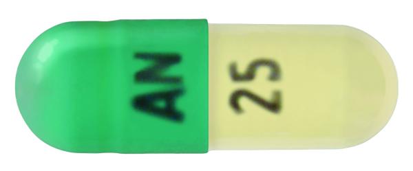 Pill AN 25 Green & White Capsule/Oblong is Lisdexamfetamine Dimesylate