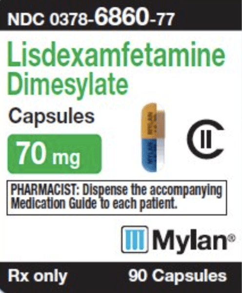 Pill MYLAN LE 70 MYLAN LE 70 Blue & Orange Capsule-shape is Lisdexamfetamine Dimesylate