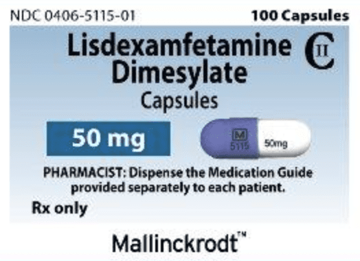 Pill M 5115 50 mg Blue & White Capsule/Oblong is Lisdexamfetamine Dimesylate