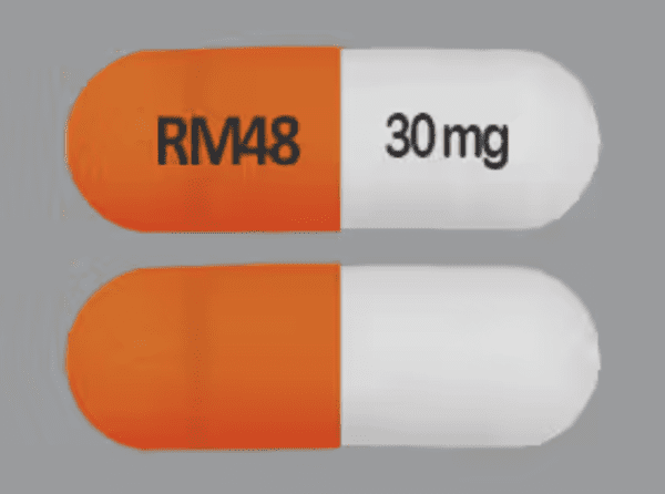 Pill RM48 30 mg Orange & White Capsule/Oblong is Lisdexamfetamine Dimesylate