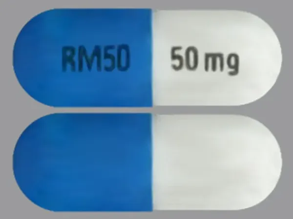Pill RM50 50 mg Blue & White Capsule/Oblong is Lisdexamfetamine Dimesylate