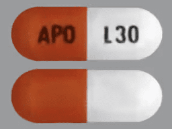 Pill APO L30 Orange & White Capsule/Oblong is Lisdexamfetamine Dimesylate