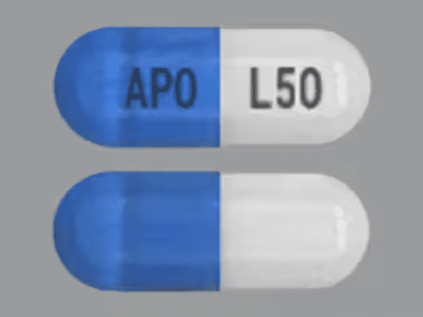Pill APO L50 Blue & White Capsule/Oblong is Lisdexamfetamine Dimesylate