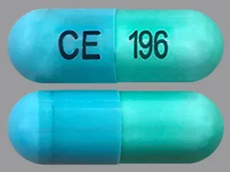Pill CE 196 Blue & Green Capsule/Oblong is Clindamycin Hydrochloride