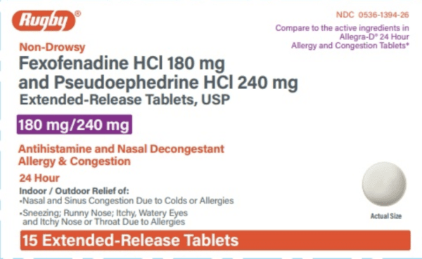 Fexofenadine hydrochloride and pseudoephedrine hydrochloride extended release 180 mg / 240 mg 892
