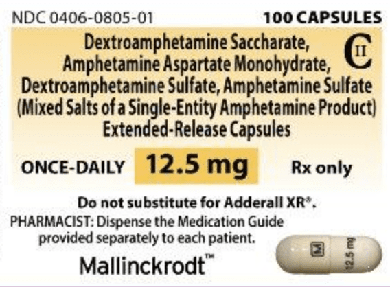 Pill M 12.5 mg Yellow Capsule/Oblong is Amphetamine and Dextroamphetamine Extended Release