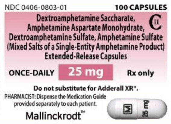Pill M 25 mg White Capsule/Oblong is Amphetamine and Dextroamphetamine Extended Release