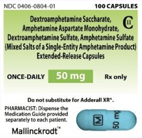 Pill M 50 mg Blue Capsule/Oblong is Amphetamine and Dextroamphetamine Extended Release