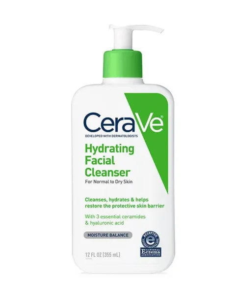 CeraVe Hydrating Facial Cleanser (emollients) contains ceramides and hyaluronic acid