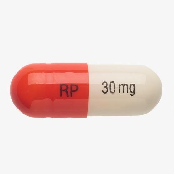 Pill RP 30mg Orange & White Capsule/Oblong is Lisdexamfetamine Dimesylate