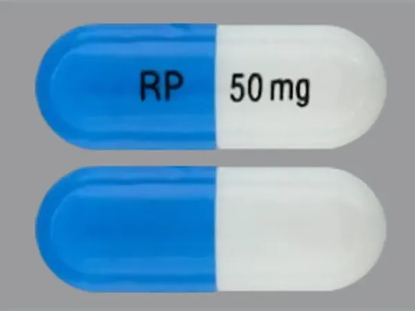 Pill RP 50mg Blue & White Capsule/Oblong is Lisdexamfetamine Dimesylate