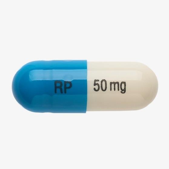 Pill RP 50mg Blue & White Capsule/Oblong is Lisdexamfetamine Dimesylate