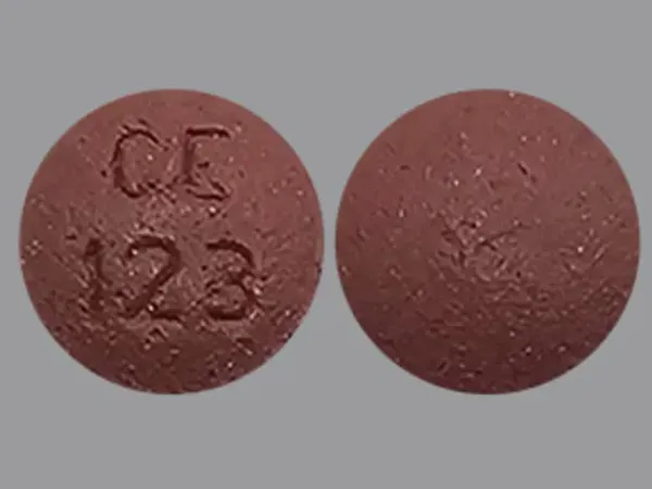 Pill CE 123 Brown Round is Quinapril Hydrochloride