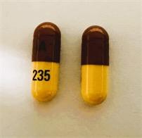 Pill A 235 Brown & Yellow Capsule/Oblong is Acitretin
