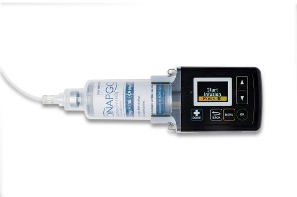 Onapgo (apomorphine) 98 mg/20 mL (4.9 mg/mL) single-dose prefilled glass cartridge