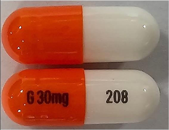 Pill G 30mg 208 Orange & White Capsule/Oblong is Lisdexamfetamine Dimesylate