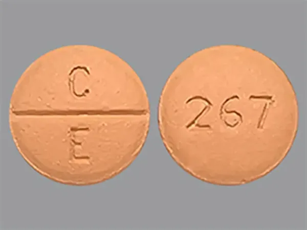 Pill C E 267 Beige Round is Moexipril Hydrochloride
