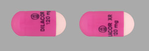 Pill Logo DILACOR XR 120mg Pink Capsule/Oblong is Dilacor XR