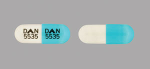 Pill DAN 5535 DAN 5535 Turquoise & White Capsule/Oblong is Doxycycline Hyclate