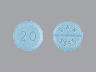 Pill 20 DAN 5555 Blue Round is Propranolol Hydrochloride