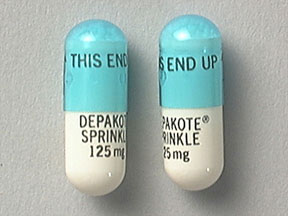 Pill THIS END UP DEPAKOTE SPRINKLE 125MG Blue Capsule-shape is Divalproex sodium delayed-release (sprinkle)