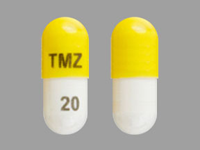 Pill TMZ 20 White & Yellow Capsule/Oblong is Temozolomide