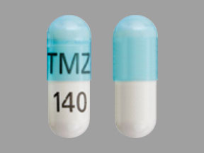 Pill TMZ 140 Blue & White Capsule/Oblong is Temozolomide
