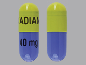 Pill KADIAN 40 mg Blue & Yellow Capsule/Oblong is Kadian