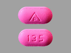 Pill AP 135 Pink Capsule-shape is Diphenhydramine Hydrochloride.
