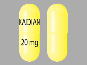 Pill KADIAN 20 mg Yellow Capsule/Oblong is Kadian