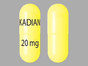 Pill KADIAN 20 mg Yellow Capsule-shape is Morphine Sulfate Extended-Release