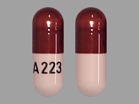 Pill A223 Maroon & Pink Capsule-shape is Temazepam