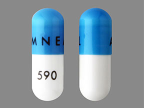 Pill AMNEAL 590 Blue & White Capsule-shape is Calcium Acetate
