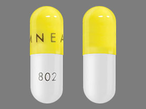 Pill AMNEAL 802 Yellow & White Capsule/Oblong is Temozolomide