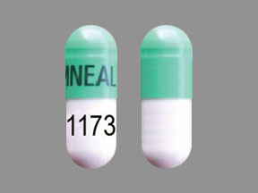 Pill AMNEAL 1173 Green & White Capsule/Oblong is Doxepin Hydrochloride