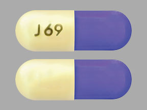 Pill J69 Blue & Yellow Capsule/Oblong is Morphine Sulfate Extended-Release