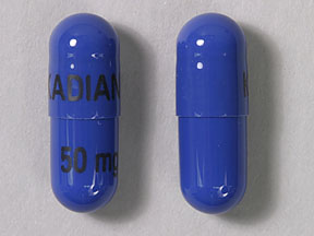 Pill KADIAN 50 mg Blue Capsule-shape is Morphine Sulfate Extended Release