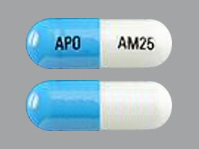 Pill APO AM25 Blue & White Capsule/Oblong is Atomoxetine Hydrochloride