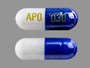 Pill APO D30 Blue & White Capsule/Oblong is Duloxetine Hydrochloride Delayed-Release