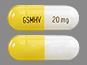 Pill GSMHV 20 mg Yellow & White Capsule/Oblong is Carvedilol Phosphate Extended-Release