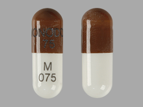 Pill MONODOX 75 M 075 Brown & White Capsule-shape is Monodox