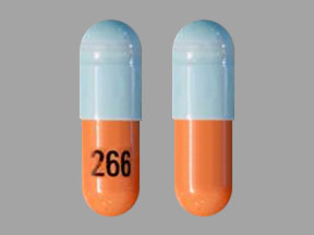 Pill 266 Blue & Brown Capsule/Oblong is Mycophenolate Mofetil